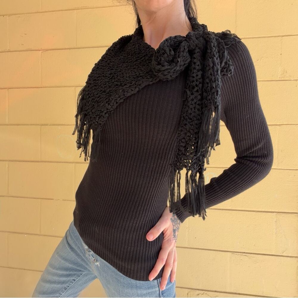 Y2K CACHE Black Sweater With Fringe Scarf Collar Size XS